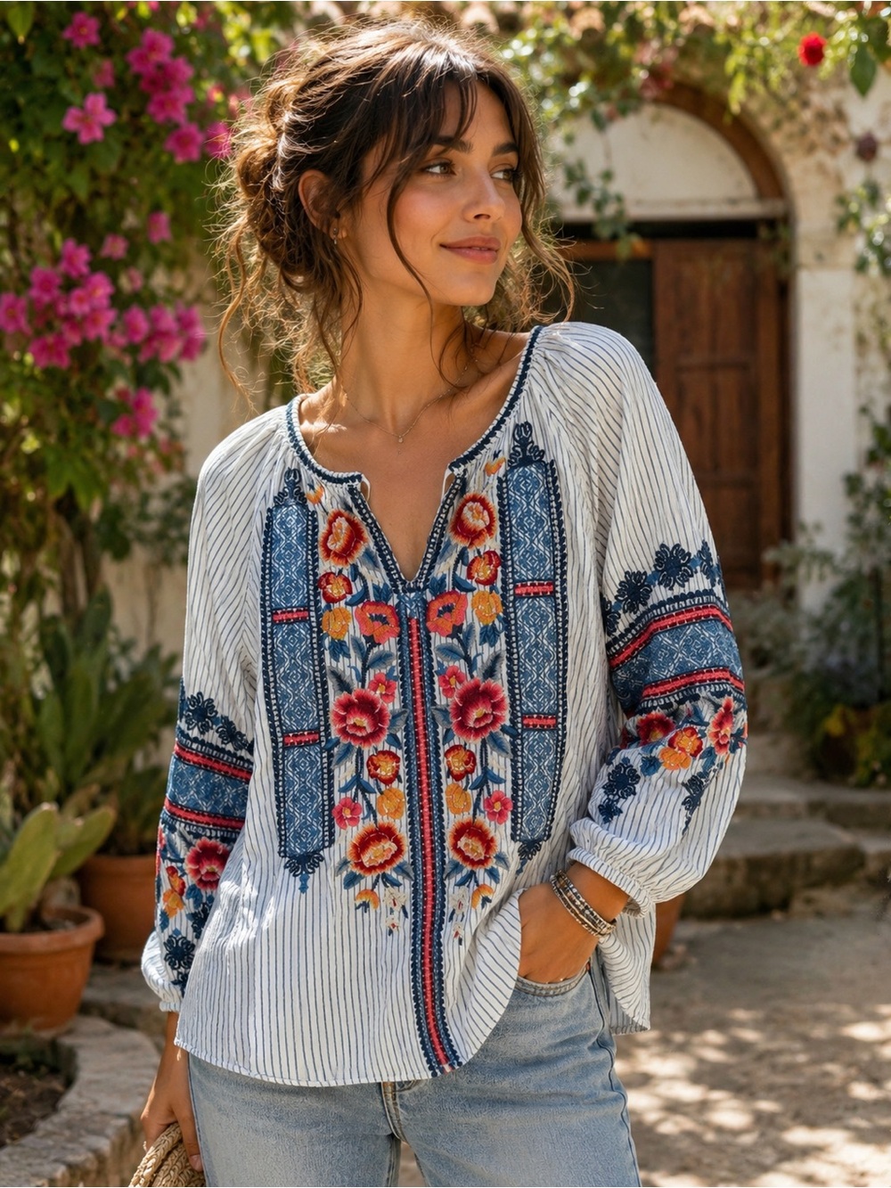 Johnny Was Workshop Embroidered Striped Boho Tunic Top Small